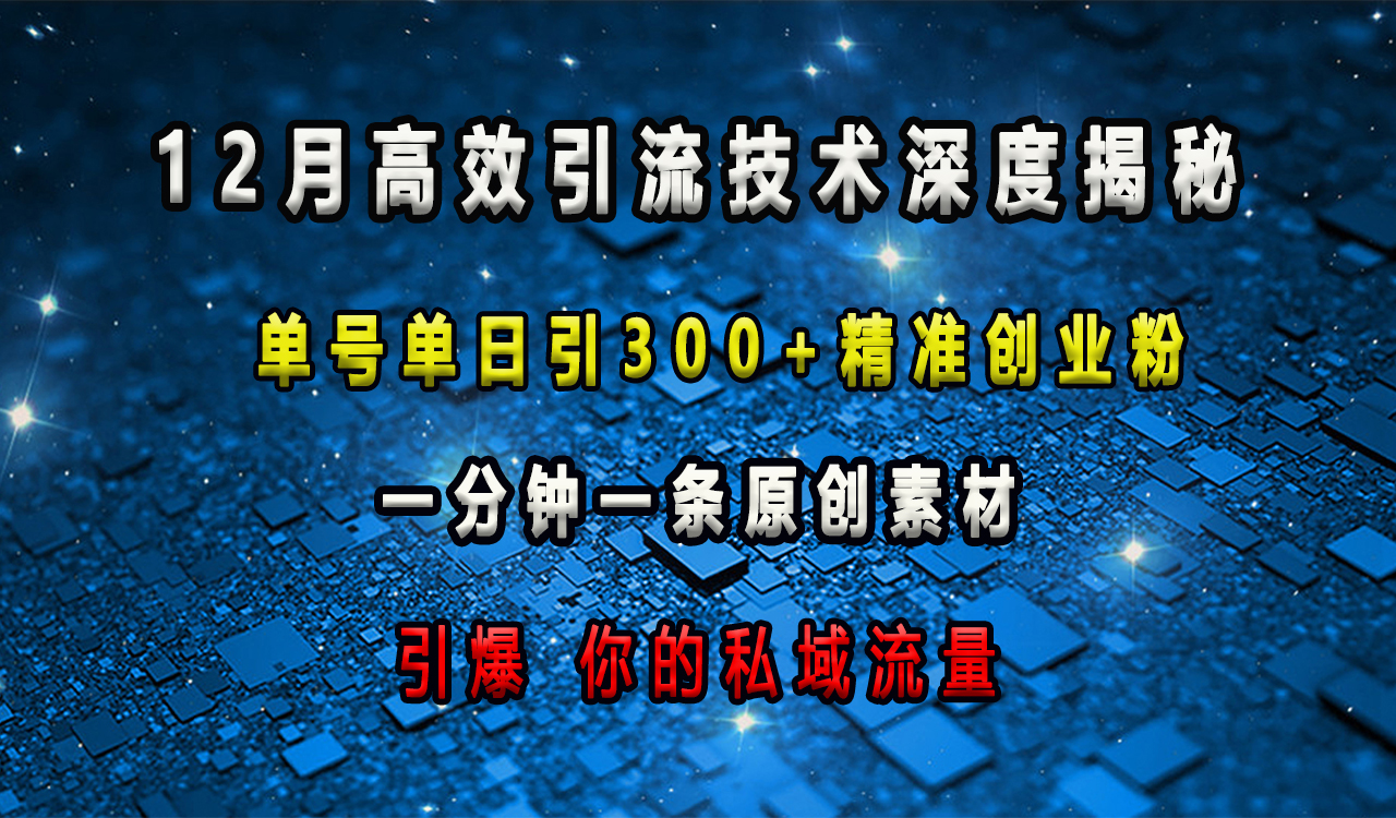 12月高效引流技术深度揭秘 ，单号单日引300+精准创业粉，一分钟一条原创素材，引爆你的私域流量51轻创基地-网创项目资源站-副业创业项目-电脑手机搞钱项目-网赚项目51轻创基地