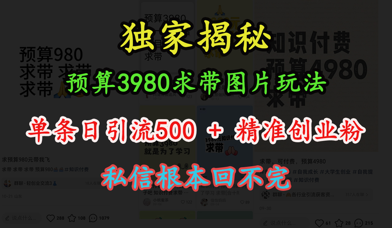 图片[1]51轻创基地-网创项目资源站-副业创业项目-电脑手机搞钱项目-网赚项目“小红书”预算3980求带 图片玩法，单条日引流500+精准创业粉，私信根本回不完51轻创基地-网创项目资源站-副业创业项目-电脑手机搞钱项目-网赚项目51轻创基地
